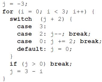 j = -3; for (i = 0; i < 3; i++) { switch (j + 2) { case 3: 2: j--; break; 0: j += 2; break; case case default: j = 0; } if (j > 0) break; j = 3 - i