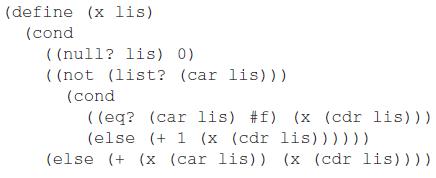 (define (x lis) (cond ( (null? lis) 0) ( (not (list? (car lis))) (cond ( (eq? (car lis) #f) (x (cdr lis))) (else (+ 1 (x (cdr lis)))))) (else (+ (x (car lis)) (x (cdr lis))))