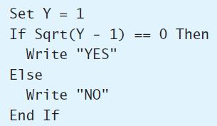 Set Y = 1 If Sqrt(Y - 1) == 0 Then Write 