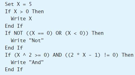 Set X = 5 If X > 0 Then Write X End If If NOT ((X 0) OR (X < 0)) Then Write 