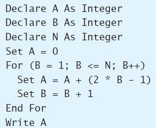 Declare A As Integer Declare B As Integer Declare N As Integer Set A = 0 For (B %3D 1; В «- N; B++) В - Set A = A + (2 * B - 1) Set B = B + 1 End For Write A