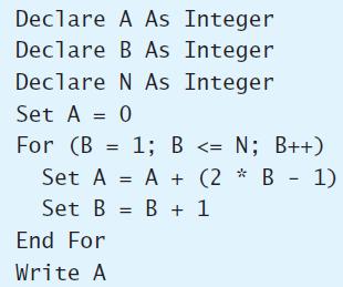 Declare A As Integer Declare B As Integer Declare N As Integer Set A = 0 %3D For (B = 1; B