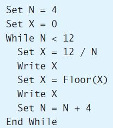 Set N = 4 %3D Set X = 0 %3D While N < 12 Set X = 12 / N Write X Set X = Floor (X) Write X Set N = N + 4 End While