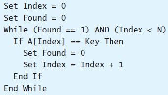 Set Index = 0 %3! Set Found = 0 While (Found If A[Index] == Key Then 1) AND (Index < N) Set Found = 0 %3D Set Index = Index + 1 End If End While