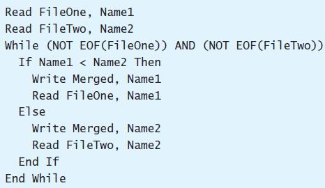 Read FileOne, Namel Read FileTwo, Name2 While (NOT EOF(FileOne)) AND (NOT EOF(FileTwo)) If Namel < Name2 Then Write Merged, Namel Read FileOne, Namel Else Write Merged, Name2 Read FileTwo, Name2 End If End While