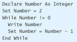 Declare Number As Integer Set Number = 2 While Number != 0 Write Number Set Number Number - 1 End While