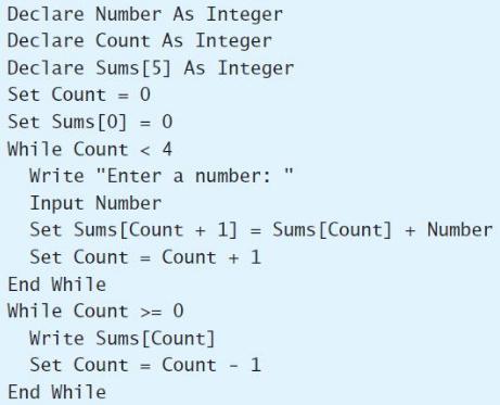 Declare Number As Integer Declare Count As Integer Declare Sums[5] As Integer Set Count = 0 Set Sums [0] = 0 %3D While Count < 4 Write 