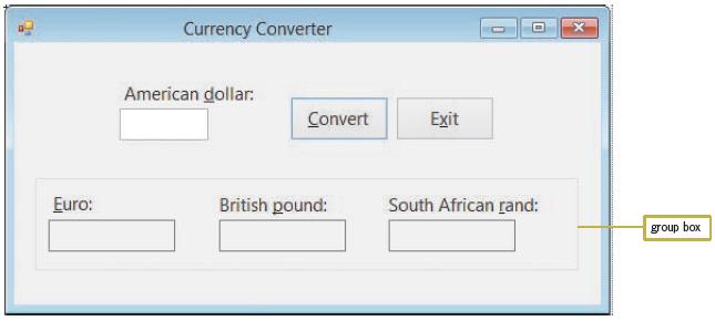 Currency Converter American dollar: Convert Exit Euro: British pound: South African rand: group box