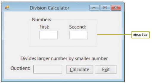Division Calculator Numbers Eirst: Second: group box Divides larger number by smaller number uotient: Calculate Exit