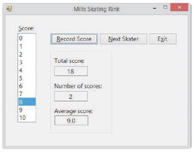Mills Skating Rink Score: Record Score Next Skater Exit 1 Total score: 3 4 5 18 Number of scores: 7 8 2 9. Average score: 10 9.0