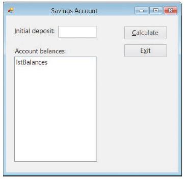 Savings Account Initial deposit Calculate Account balances: Exit IstBalances