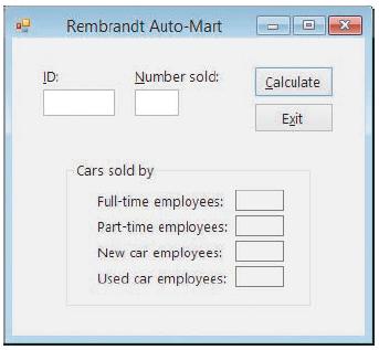 Rembrandt Auto-Mart ID: Number sold: Calculate Exit Cars sold by Full-time employees: Part-time employees: New car employees: Used car employees:
