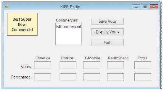 KJPR-Radio Best Super Bowl Commercial: Save Vote IstCommercial Commercial Display Votes Exit Cheerios Doritos T-Mobile RadioShack Total Votes: Percentage: