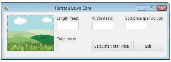 Harston Lawn Care Length (feet): Width (feet): Sod price (per sq yd): Total price: Calculate Total Price Exit