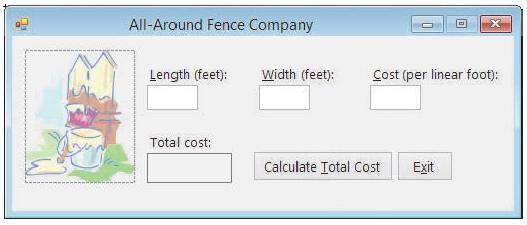 All-Around Fence Company Length (feet): Width (feet): Cost (per linear foot): Total cost: Calculate Iotal Cost Exit