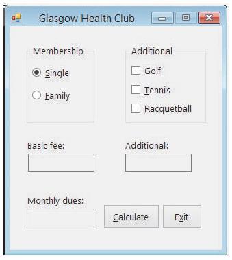 Glasgow Health Club Membership Additional Single O Golf Tennis Eamily Racquetball Basic fee: Additional: Monthly dues: Calculate Exit
