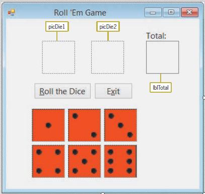 Roll 'Em Game picDiel picDie2 Total: IbITotal Roll the Dice Exit