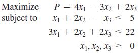 Maximize subject to P = 4x 3x2 + 2x3 X + 2x - X3  5 3x + 2x + 2x3 = 22 1, 2, 3 = 0 :