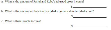 a. What is the amount of Rahul and Ruby's adjusted gross income? b. What is the amount of their itemized