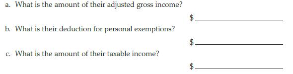 a. What is the amount of their adjusted gross income? b. What is their deduction for personal exemptions? c.