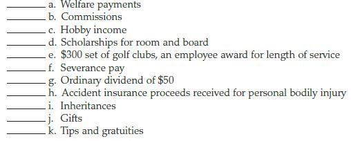 a. Welfare payments b. Commissions c. Hobby income d. Scholarships for room and board .e. $300 set of golf