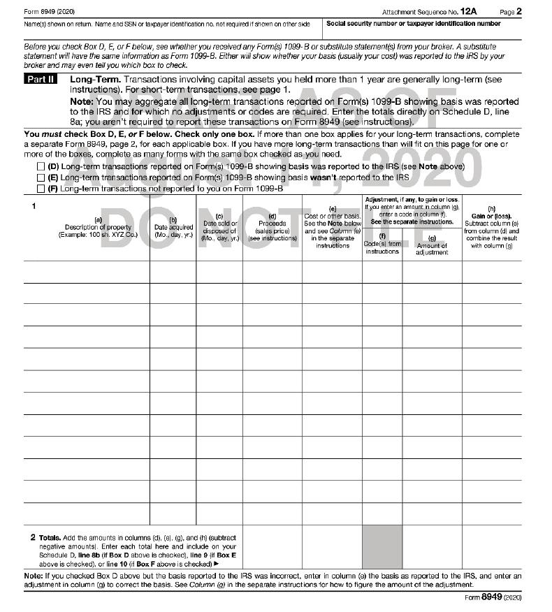 Form 8949 (2020) Name(s) shown on return. Name and SSN or taxpayer identification no. not required if shown