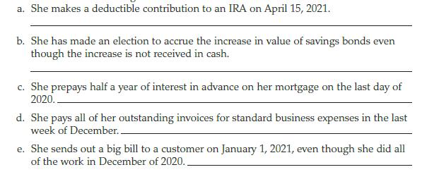 a. She makes a deductible contribution to an IRA on April 15, 2021. b. She has made an election to accrue the
