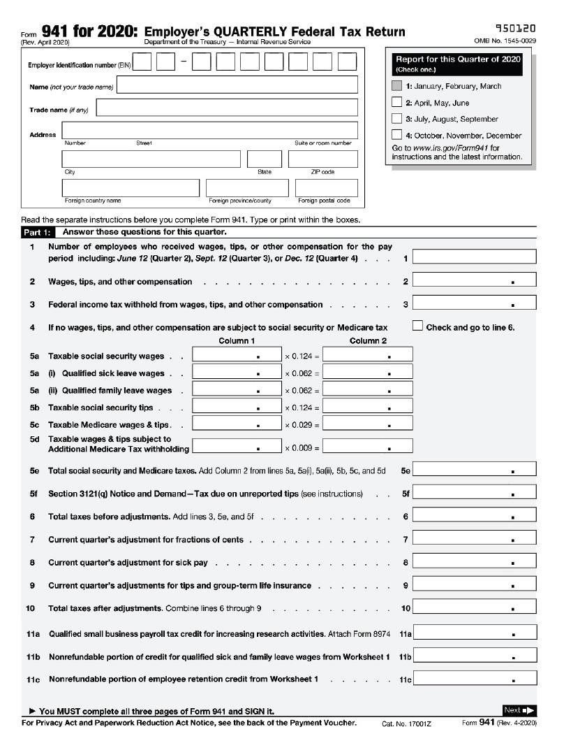 Form 941 for 2020: Employer's QUARTERLY Federal Tax Return (Rev. April 2020) Department of the Treasury -