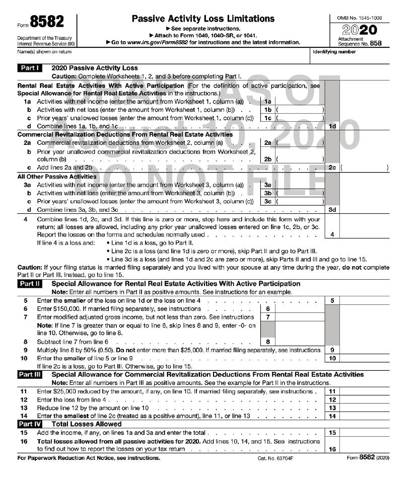 Form 8582 Department of the Treasury Internal Revenue Service (99) Name(s) shown on return Part I 2020