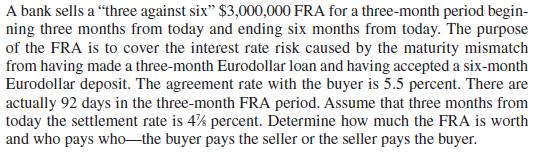 A bank sells a "three against six" $3,000,000 FRA for a three-month period begin- ning three months from