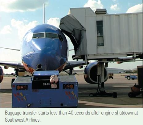 PH-05 BANDO Baggage transfer starts less than 40 seconds after engine shutdown at Southwest Airlines.