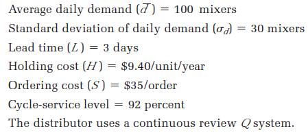 Average daily demand (7) = 100 mixers Standard deviation of daily demand (d) = 30 mixers Lead time (Z) = 3