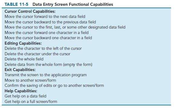 TABLE 11-5 Data Entry Screen Functional Capabilities Cursor Control Capabilities: Move the cursor forward to