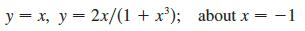 y = x, y = 2x/(1+x); about x = - 1