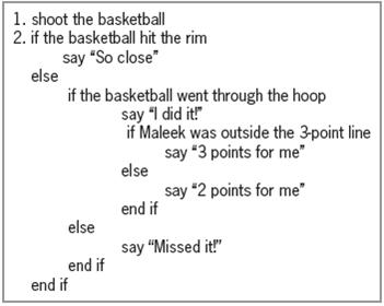1. shoot the basketball 2. if the basketball hit the rim say "So close" else if the basketball went through