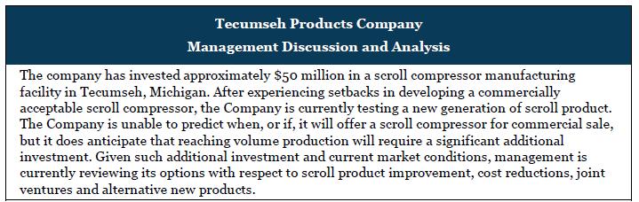 Tecumseh Products Company Management Discussion and Analysis The company has invested approximately $50