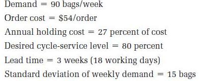 Demand 90 bags/week Order cost = $54/order Annual holding cost = 27 percent of cost Desired cycle-service