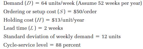 Demand (D) = 64 units/week (Assume 52 weeks per year) Ordering or setup cost (S) = $50/order Holding cost (H)