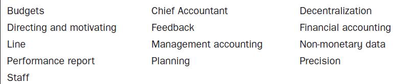 Budgets Directing and motivating Line Performance report Staff Chief Accountant Feedback Management