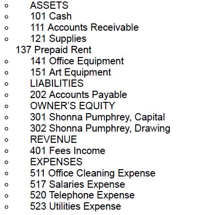 O O O O O ASSETS 101 Cash 111 Accounts Receivable 121 Supplies 137 Prepaid Rent 141 Office Equipment 151 Art