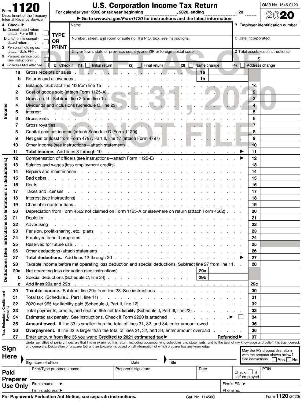 Form 1120 Department of the Treasury Internal Revenue Service. A Check if: 1a Consolidated retum (attach Form
