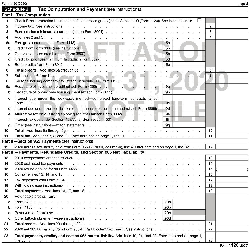 Form 1120 (2020) Schedule J Tax Computation and Payment (see instructions) Part I-Tax Computation 1 Check if
