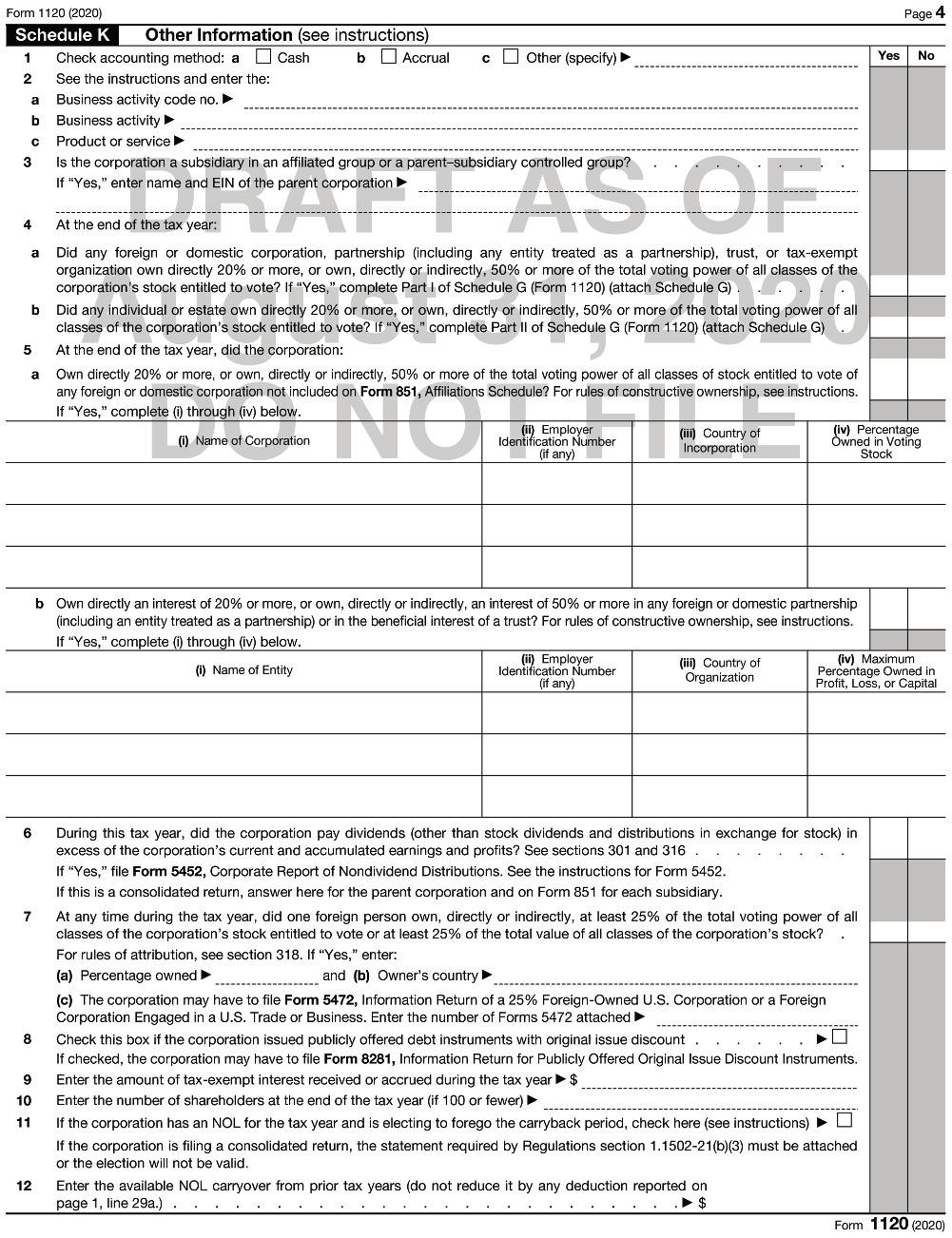 Form 1120 (2020) Schedule K Other Information (see instructions) 1 Check accounting method: a Cash 2 3 4 a