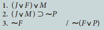 1. (Jv F) v M 2. (JvM) 3. ~F ~P /~(Fv P)