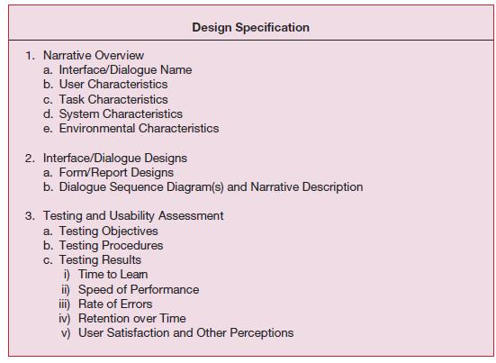1. Narrative Overview Design Specification a. Interface/Dialogue Name b. User Characteristics c. Task