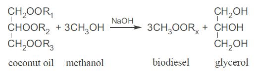 CHOOR CHOOR + 3CHOH CHOOR3 coconut oil methanol NaOH CHOH + CHOH 1 CHOH glycerol 3CHOOR + biodiesel