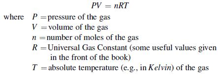 PV = nRT where P = pressure of the gas V = volume of the gas n = number of moles of the gas R=Universal Gas