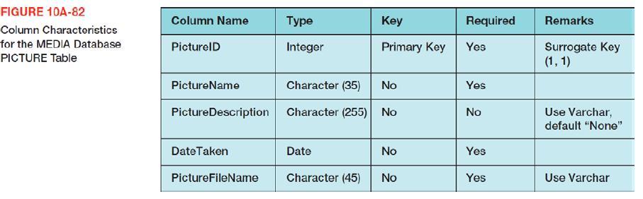 FIGURE 10A-82 Column Characteristics for the MEDIA Database PICTURE Table Column Name PicturelD PictureName