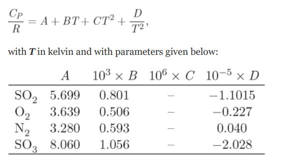 CP R = A + BT+CT + D 72 with Tin kelvin and with parameters given below: A 10 x B 106 x C SO 5.699 0.801 0
