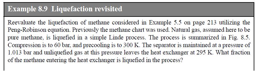 Example 8.9 Liquefaction revisited Reevaluate the liquefaction of methane considered in Example 5.5 on page